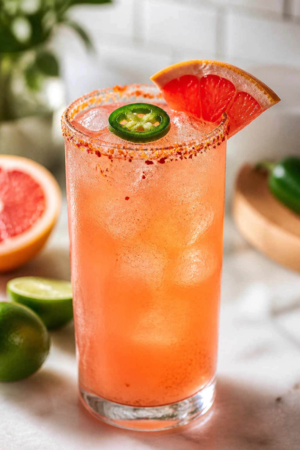 Spicy Tamarind Paloma in a tall glass with jalapeño and grapefruit
