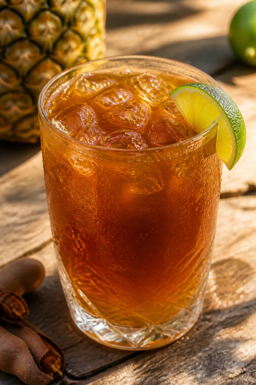 Glass of Tamarind Pineapple Cooler with lime wedge on a wooden outdoor table