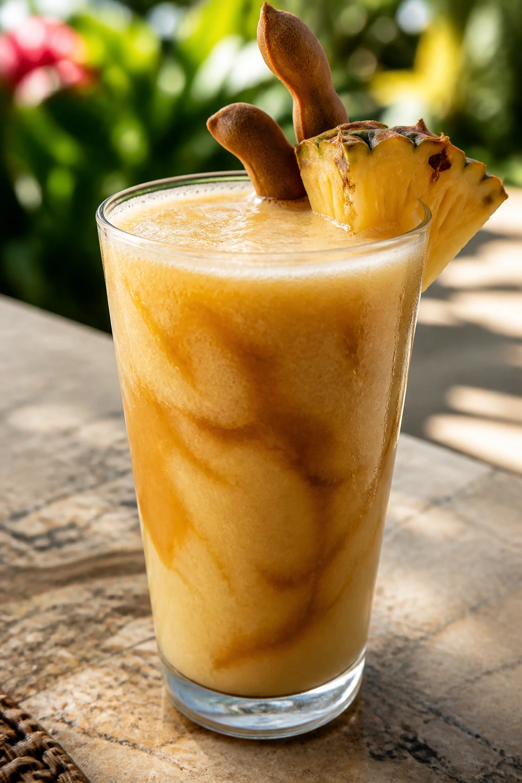 Close-up of a pale amber tamarind pineapple smoothie in a glass on a sunny patio