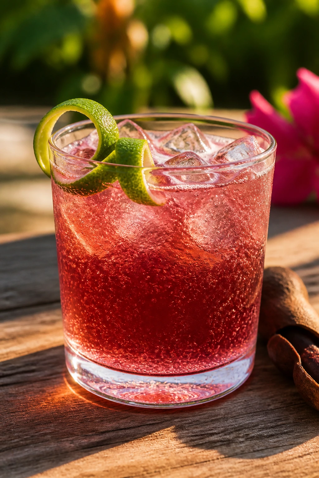 Close-up of Tamarind Rose Cooler in a small glass with lime twist