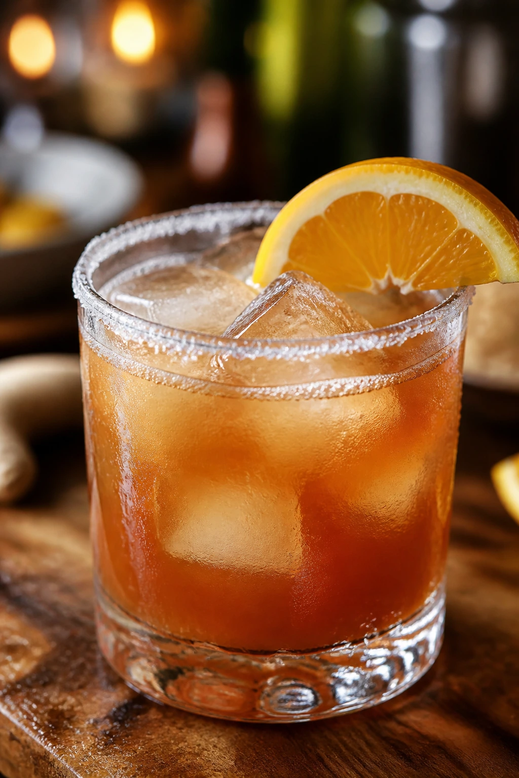 Close-up of Tamarind Ginger Rum Cooler in a rocks glass with orange garnish