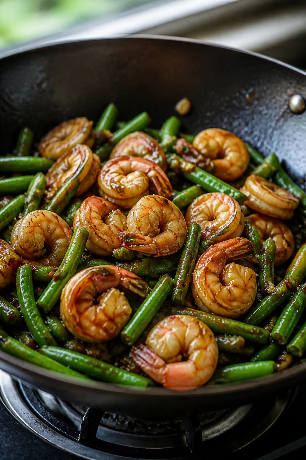 Close-up of tamarind-glazed shrimp and green beans in a wok