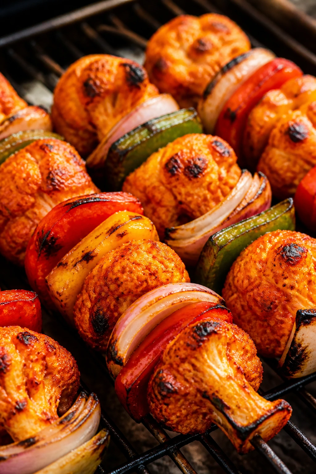 Close-up of tandoori-style cauliflower skewers on grill