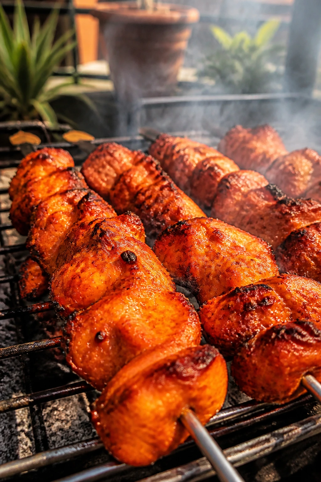 Tandoori chicken skewers on grill with orange color