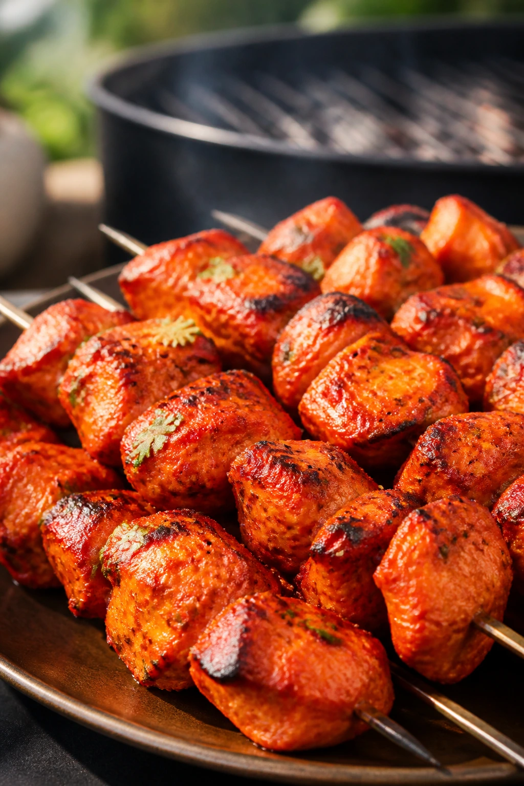 Close-up of tandoori chicken skewers with char and vibrant marinade