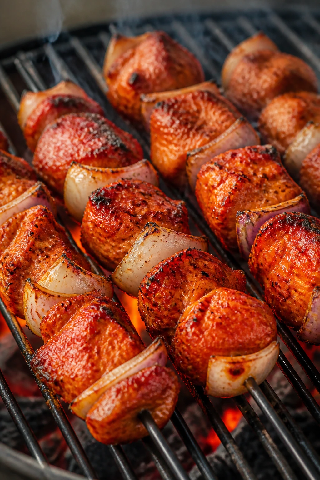 Close-up of tandoori chicken and onion skewers cooking on a backyard grill