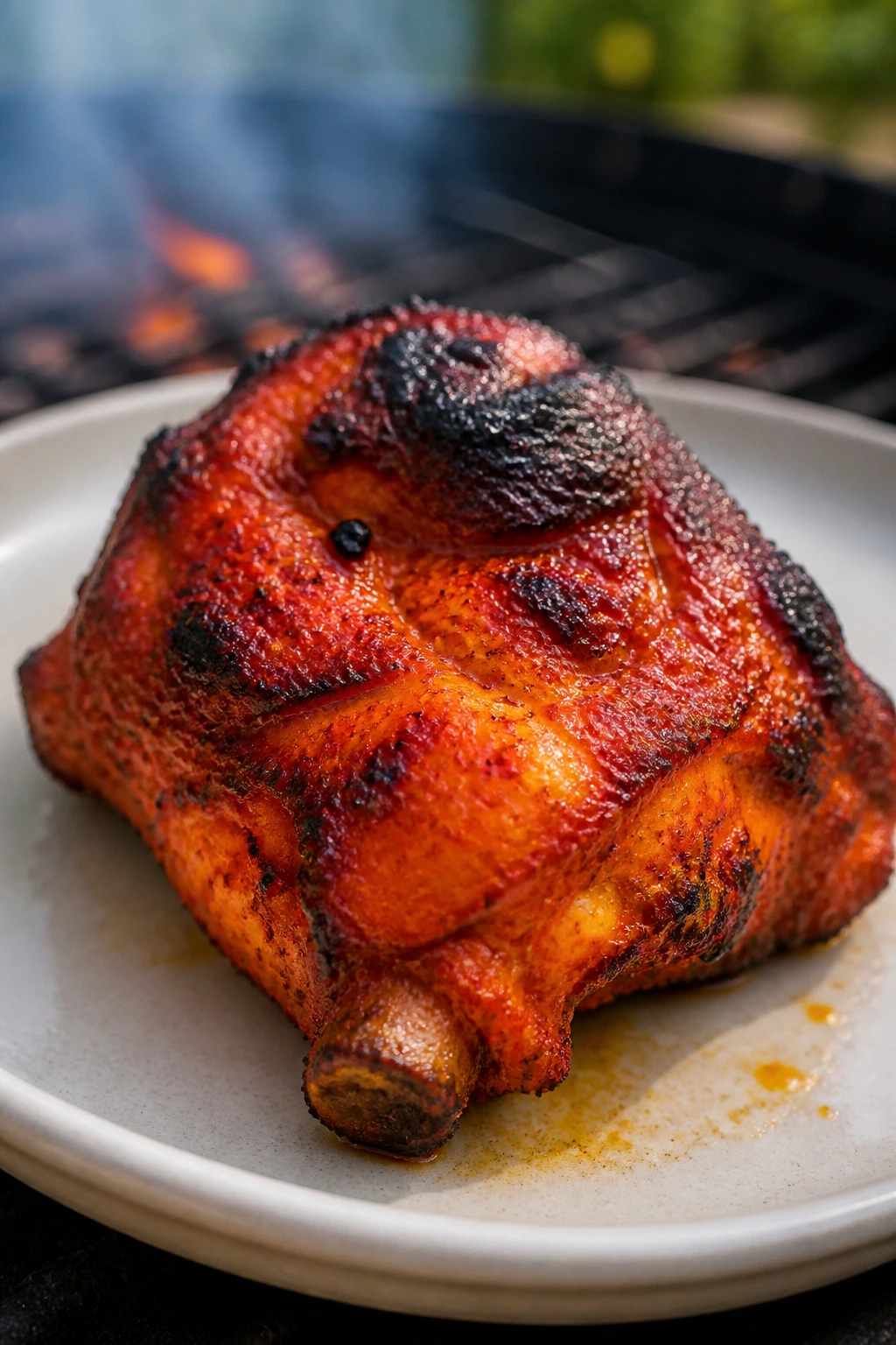 Close-up of tandoori chicken thigh with brick-red spice and char