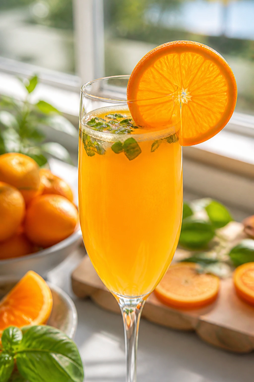 Close-up of tangerine basil brunch pour in a flute with torn basil leaves and tangerine garnish by a sunlit window