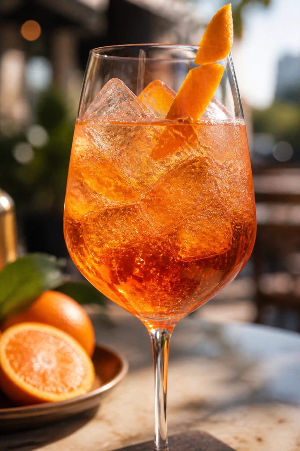 Bright orange Tangerine Negroni Spritz in a wine glass with tangerine twist