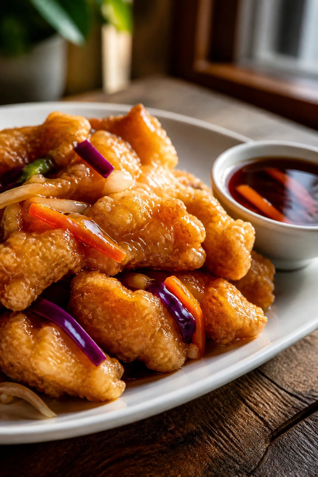 Close-up of crispy tangsuyuk bites with side sauce on a rustic table