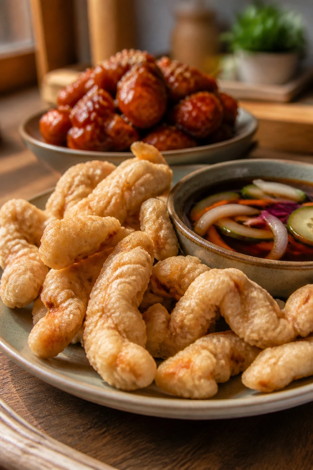Pork tangsuyuk with dipping sauce on a plate in a warm kitchen