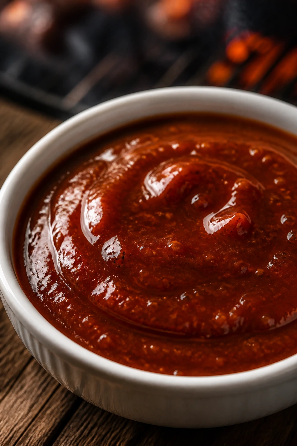 Close-up of glossy tangy BBQ sauce in a small dish on a rustic outdoor table