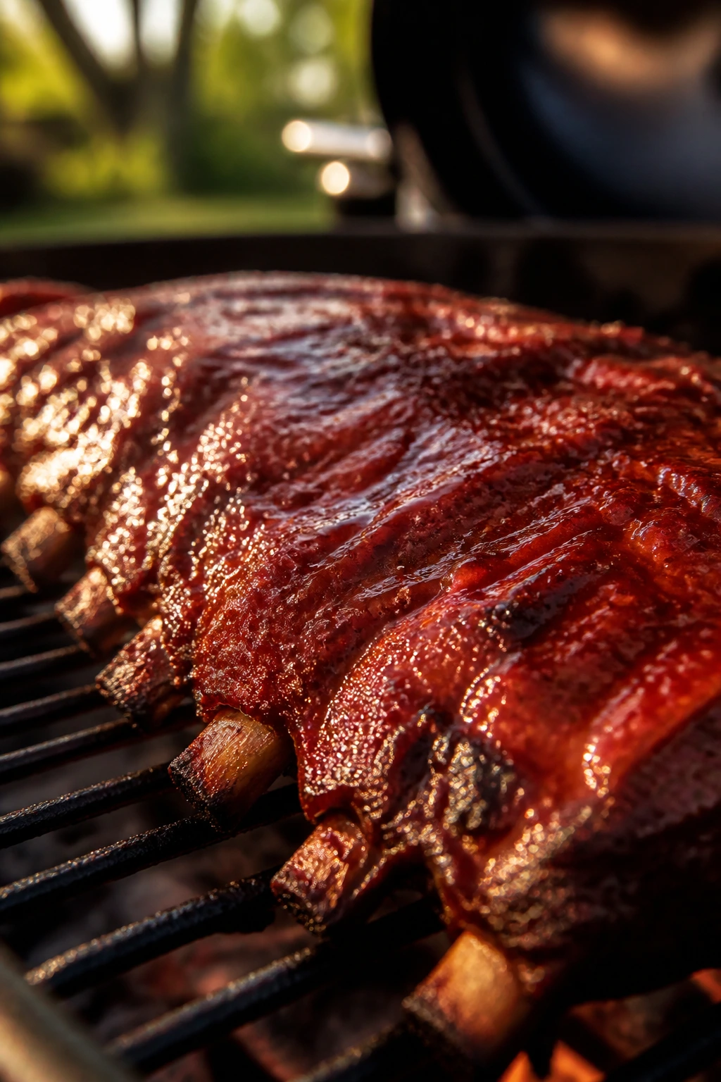 Rack of ribs with glossy tangy glaze on a backyard grill.