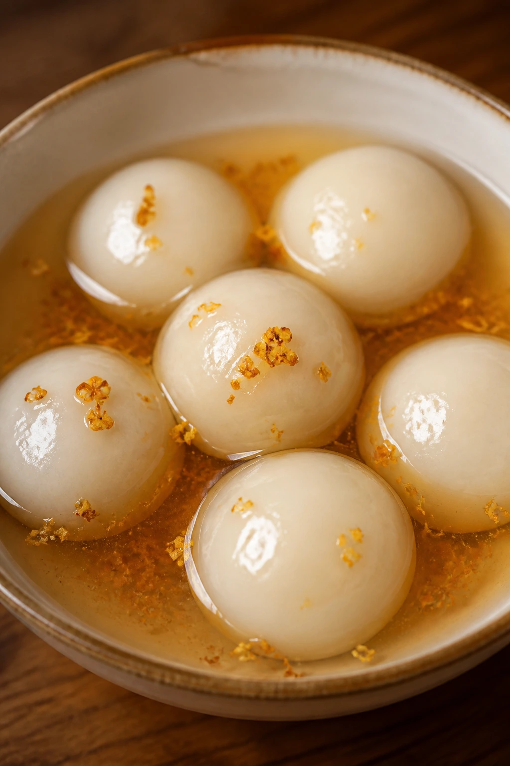 Close-up of tangyuan in amber osmanthus syrup in a ceramic bowl