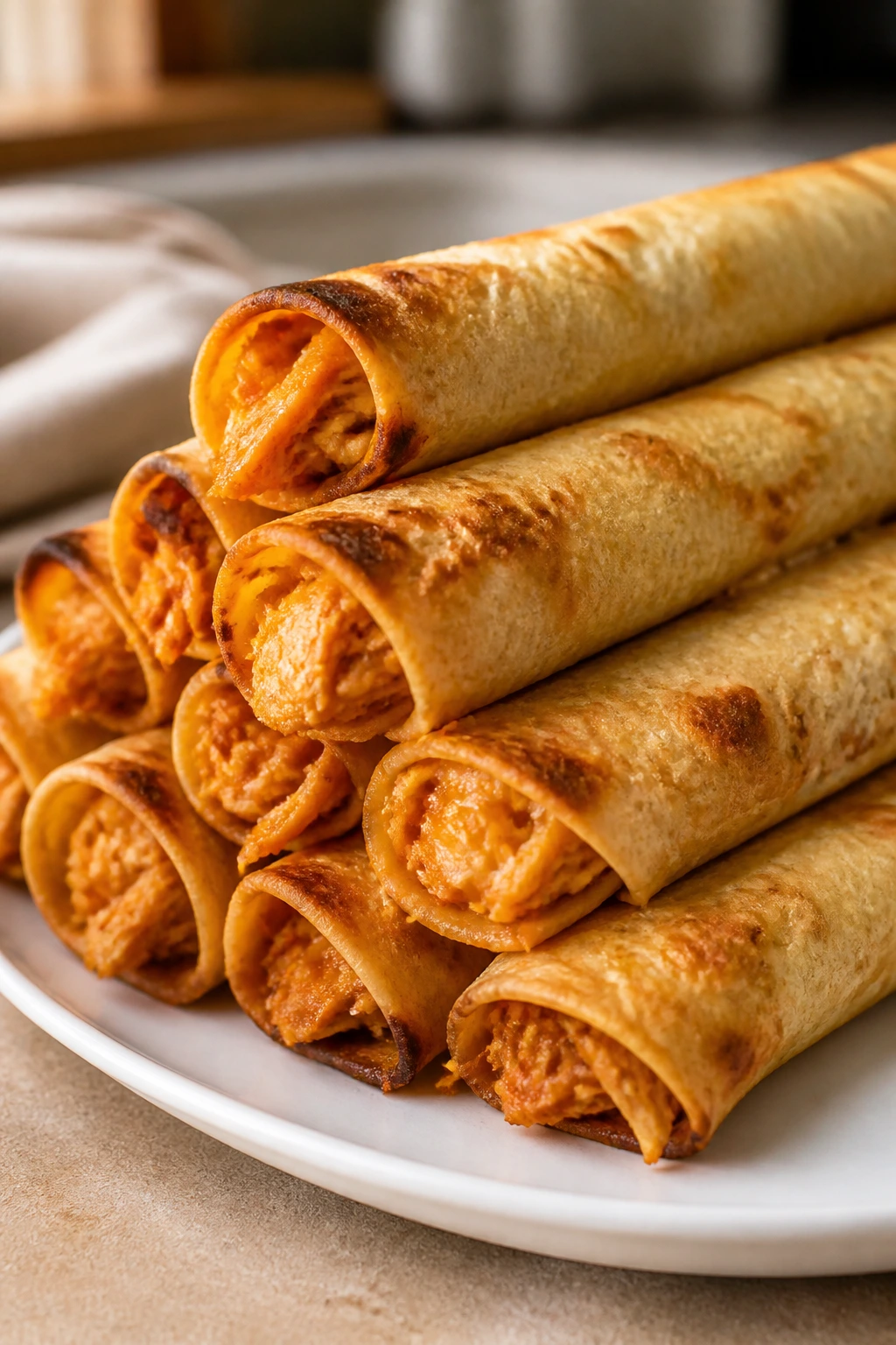 Crispy baked chicken taquitos on a plate