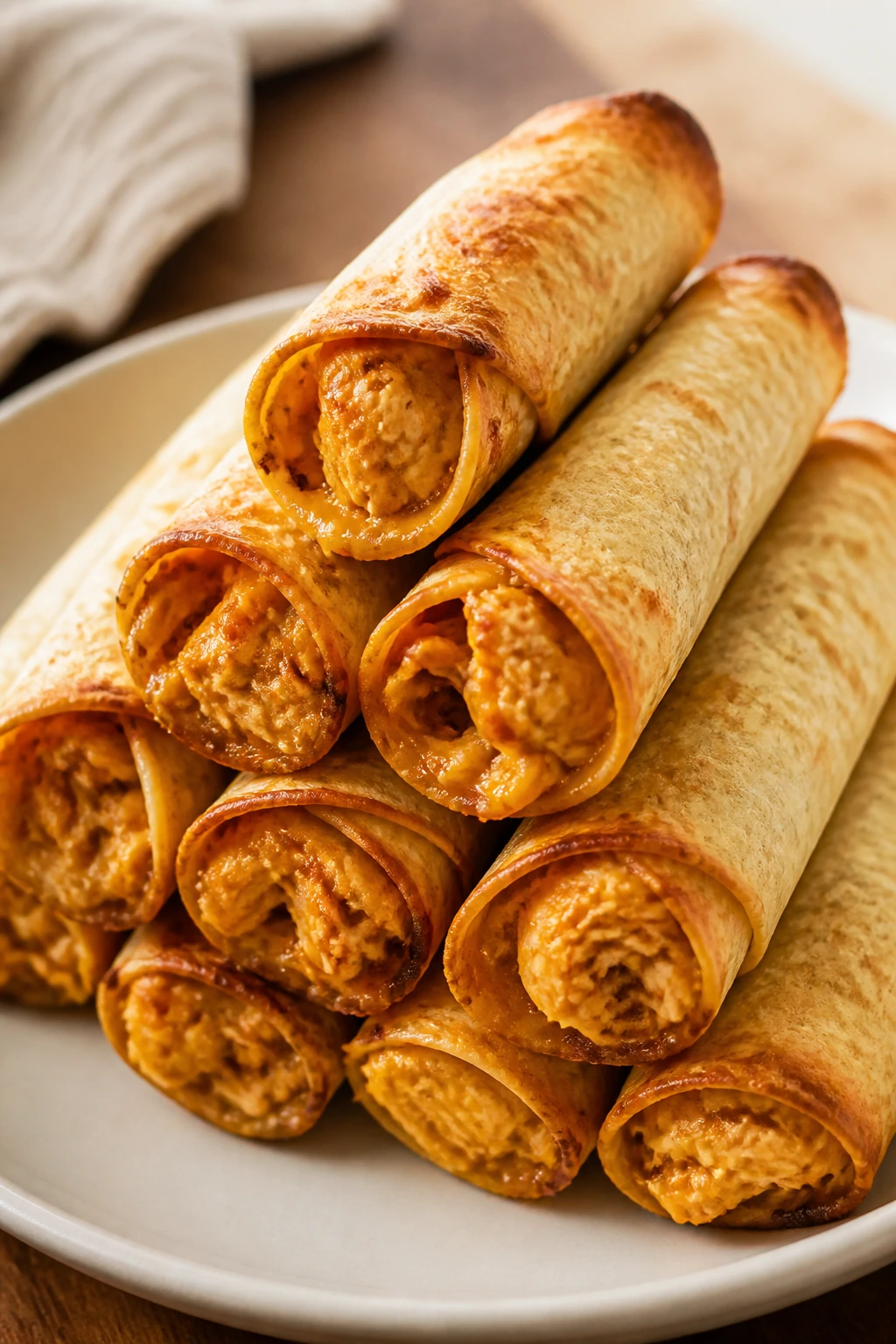 Close-up of baked chicken taquitos stacked on a plate