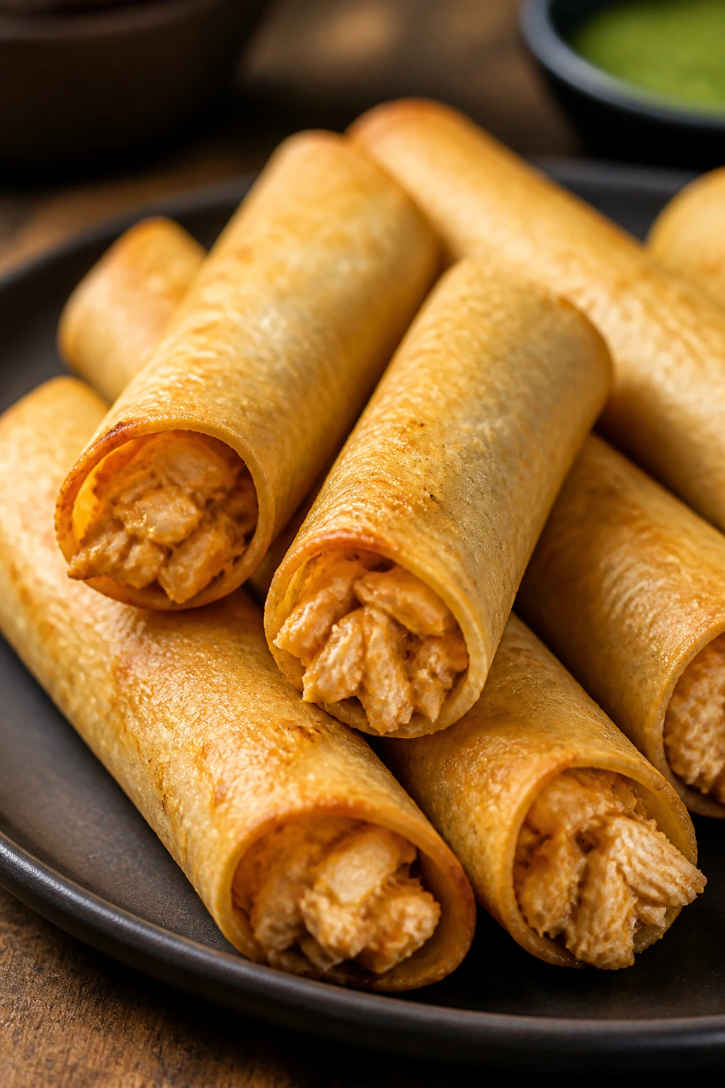 Baked taquitos on a dark plate with crisp shells