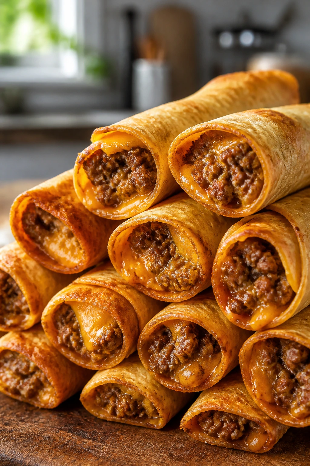 Close-up of crispy beef and cheese taquitos on a rustic kitchen counter
