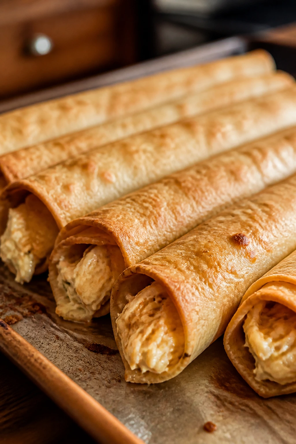 Crisp baked chicken taquitos on parchment-lined sheet pan