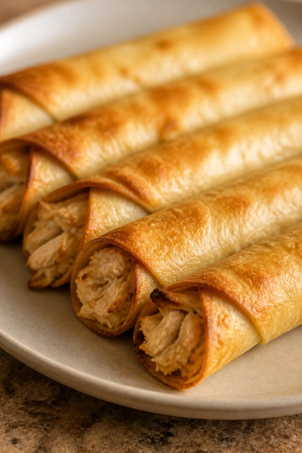 Close-up of baked chicken taquitos on a plate