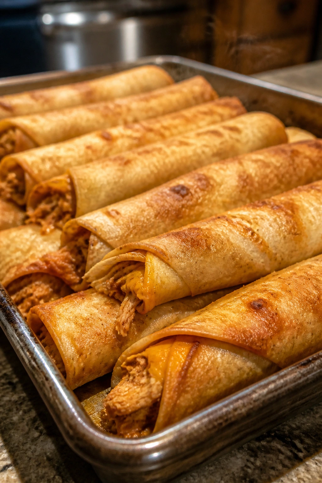Crispy rolled taquitos on a baking sheet