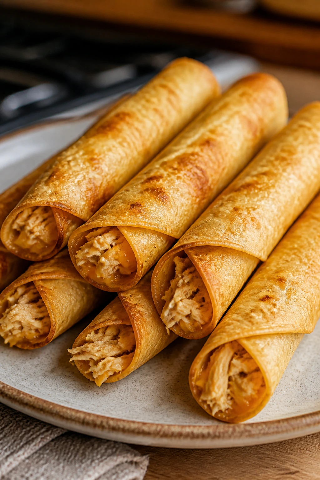 Close-up of crispy chicken taquitos on a plate