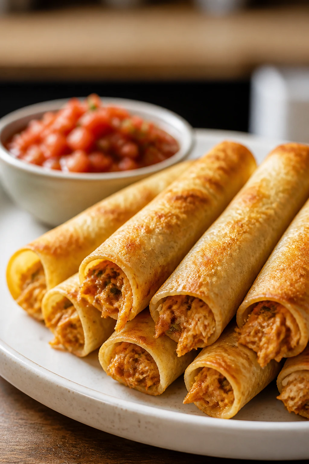Close-up of baked chicken taquitos with salsa for dipping