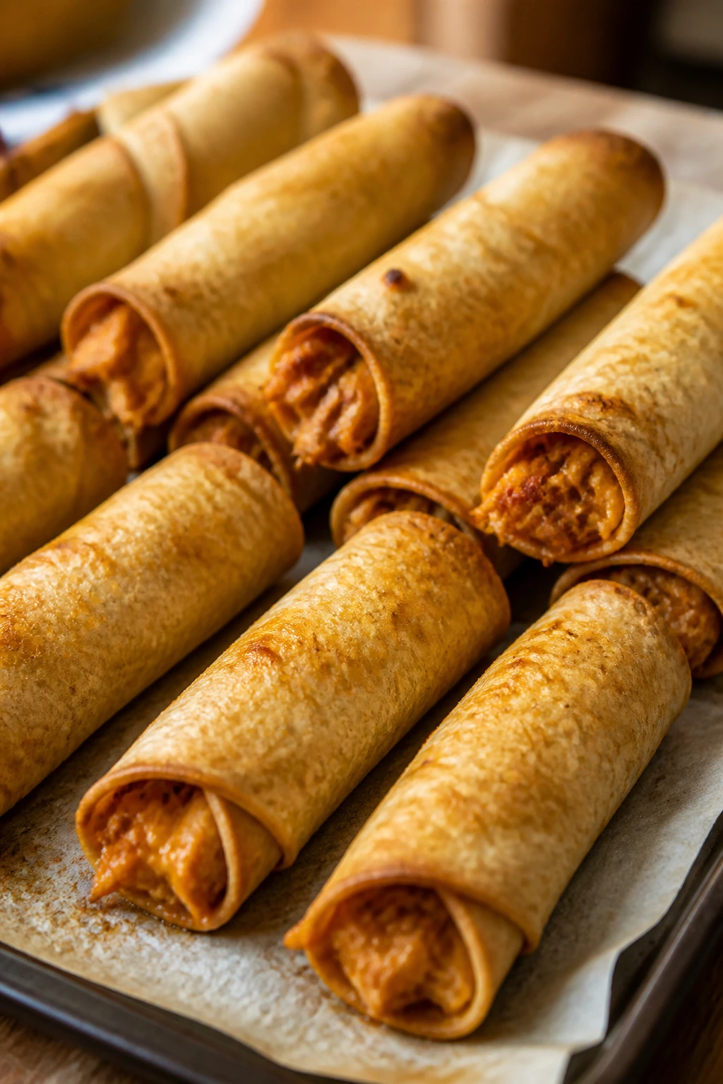 Close-up of crispy oven-baked chicken taquitos on parchment.