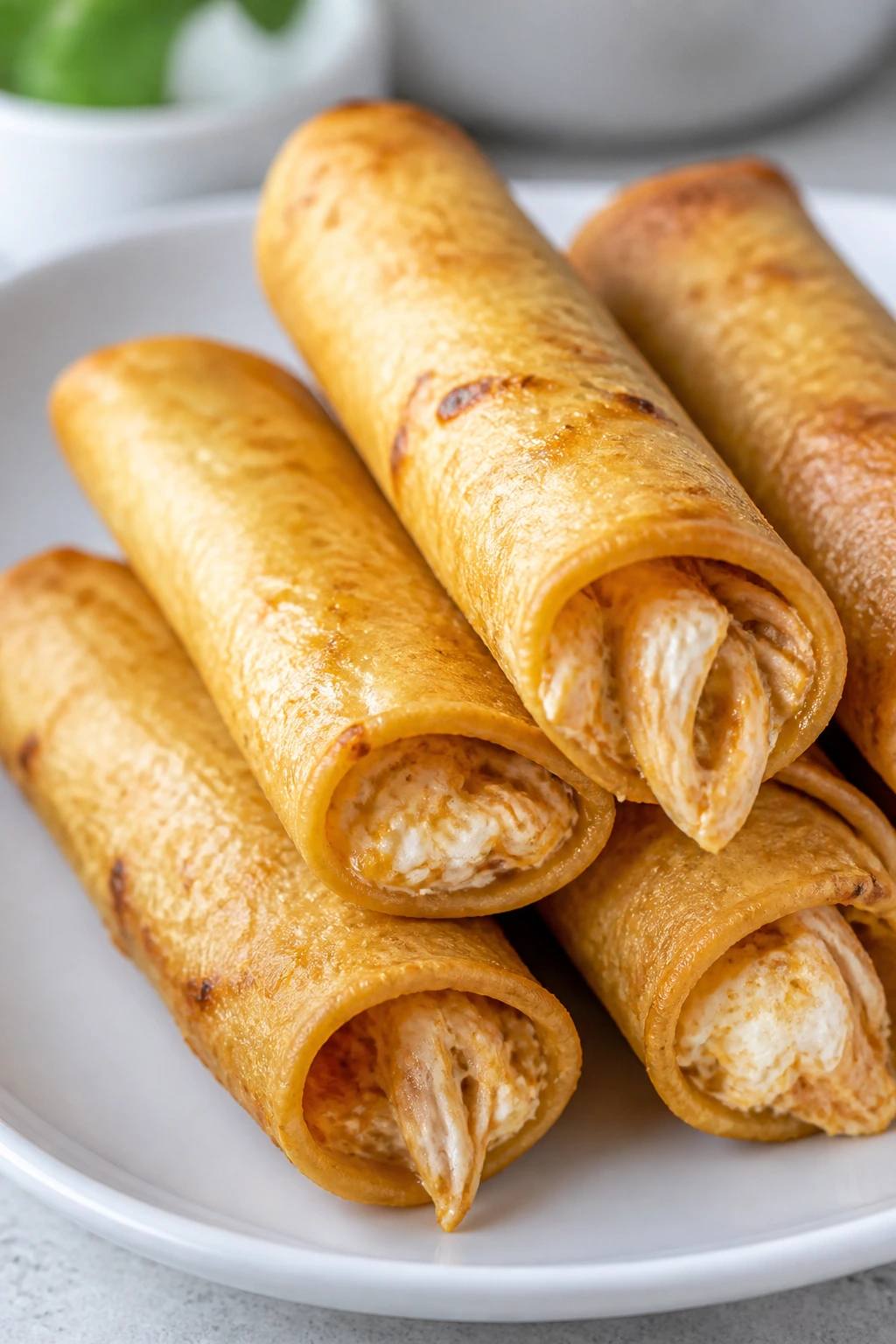 Close-up of crisp taquitos on a plate in a bright kitchen setting.