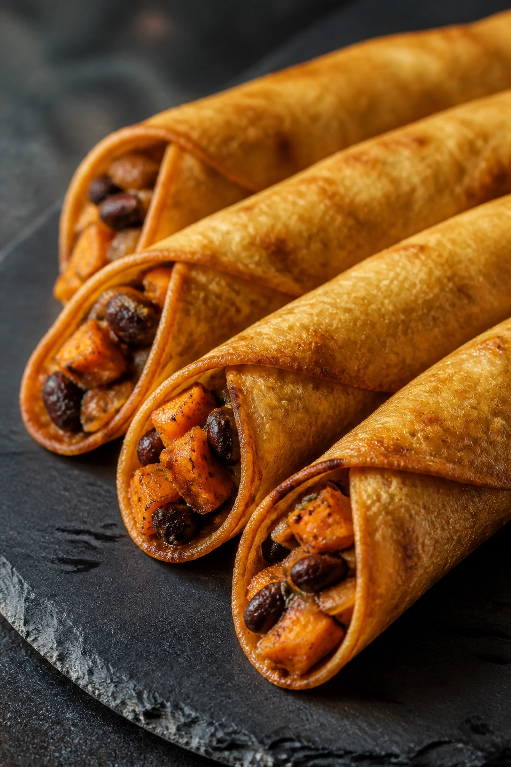 Crispy taquitos with sweet potato and black bean filling on slate board