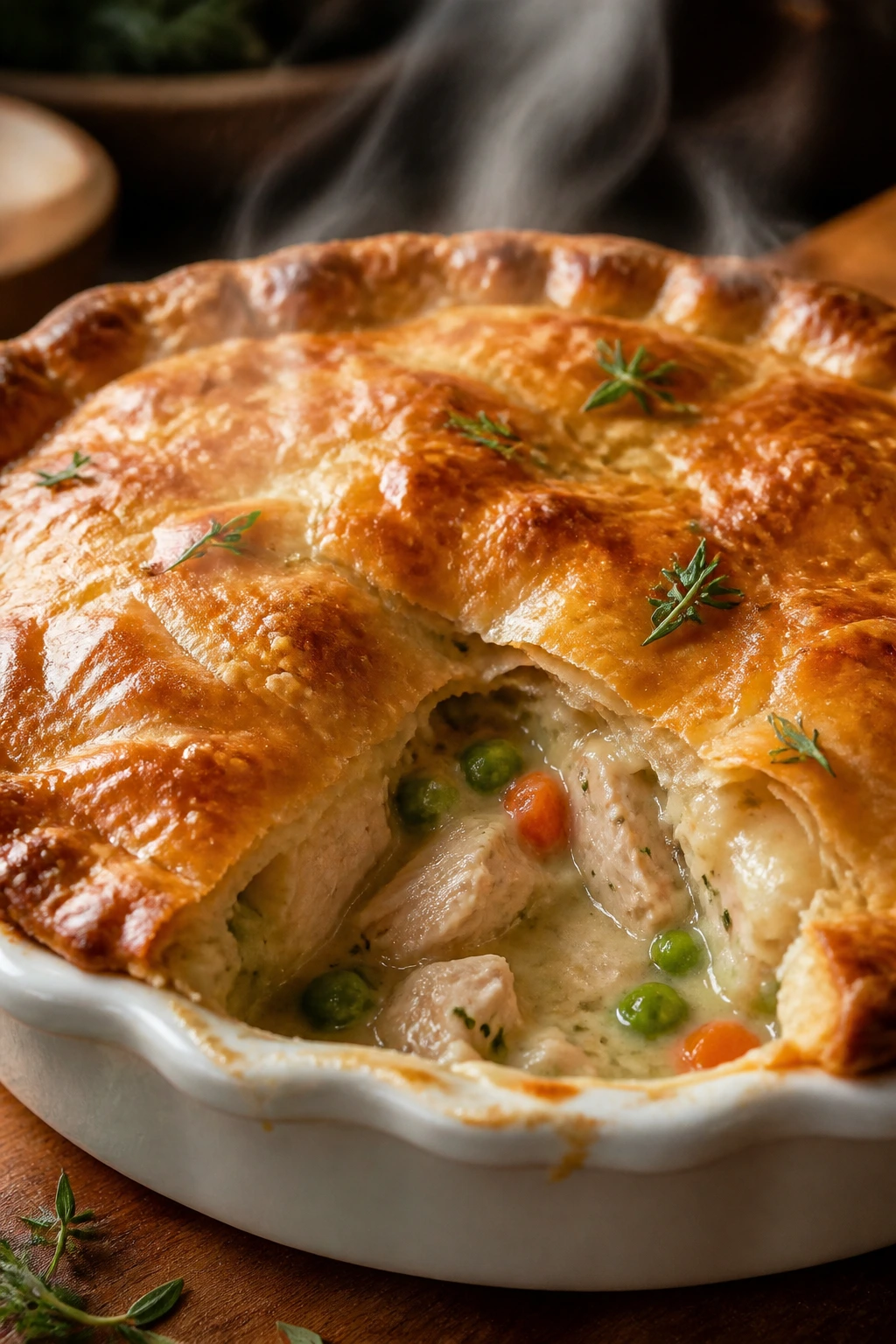 Tarragon chicken pot pie in a ceramic dish with brown crust.