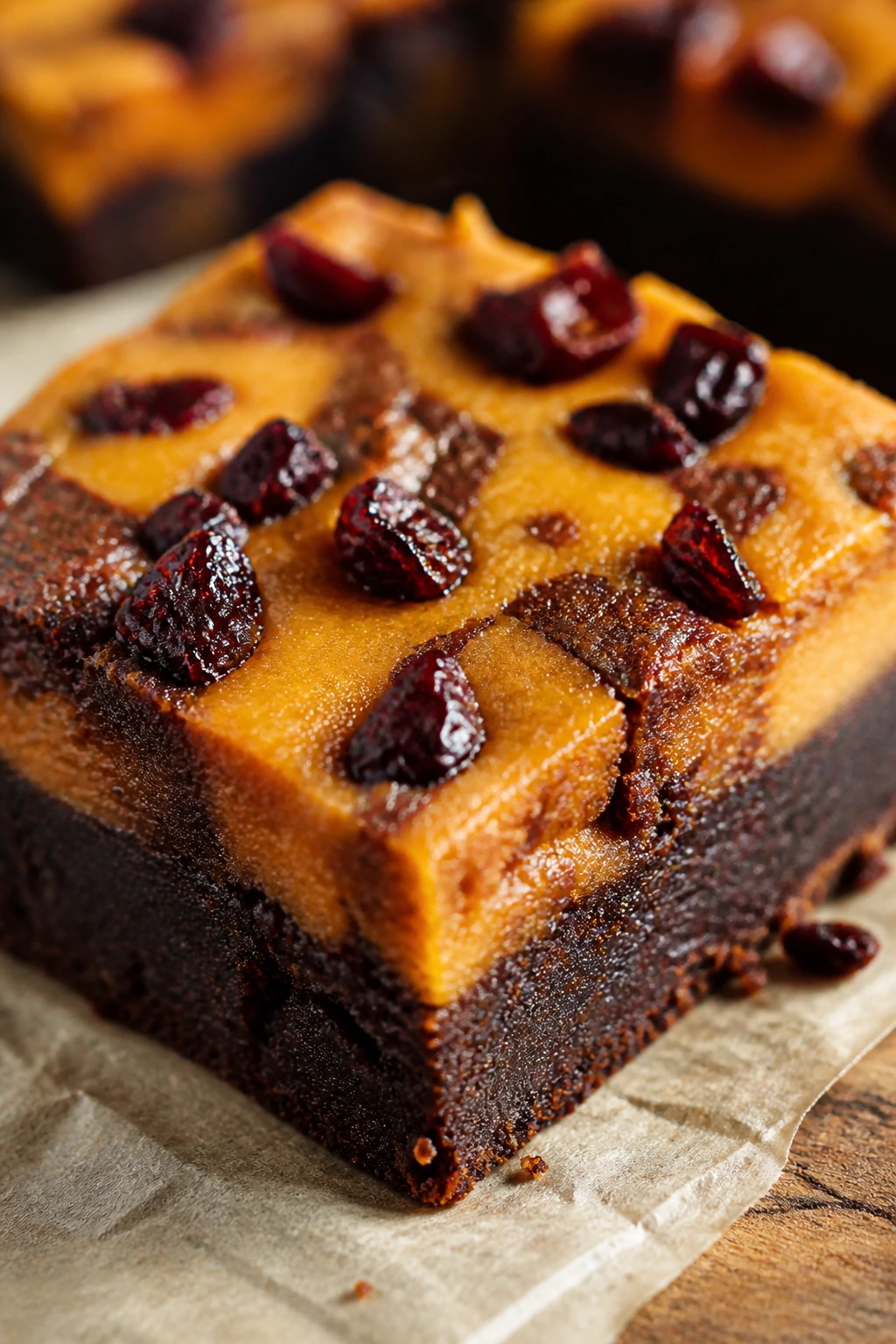 Close-up of tart cherry pumpkin swirl brownie on parchment in warm kitchen light