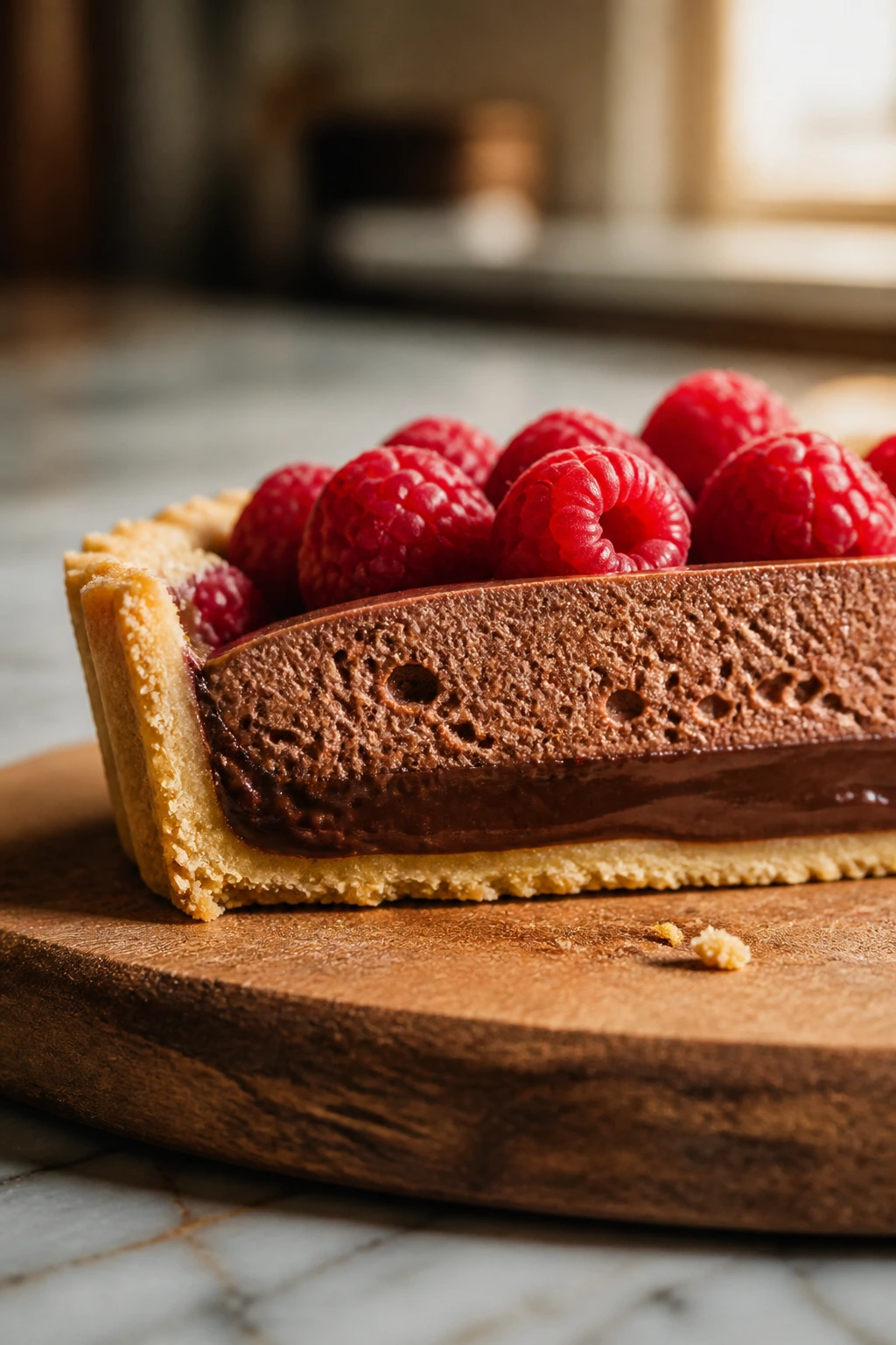 Cross-section of tart showing crust, ganache, and fluffy filling in a sunlit kitchen
