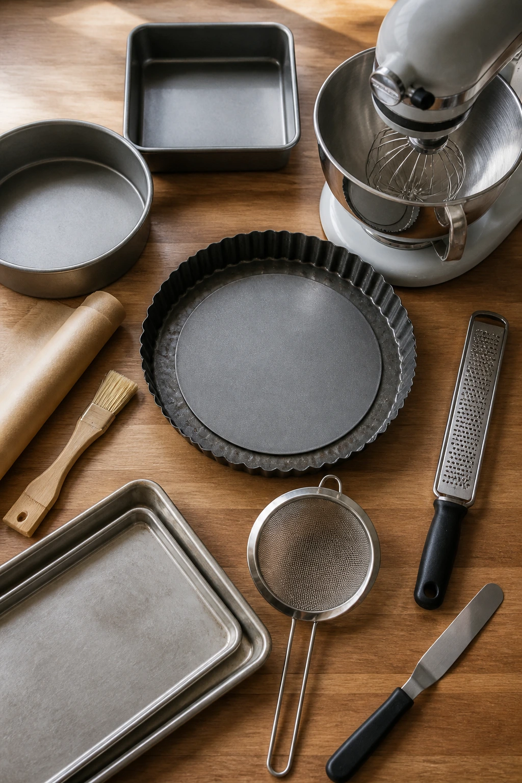 Close-up of essential baking tools arranged on a counter
