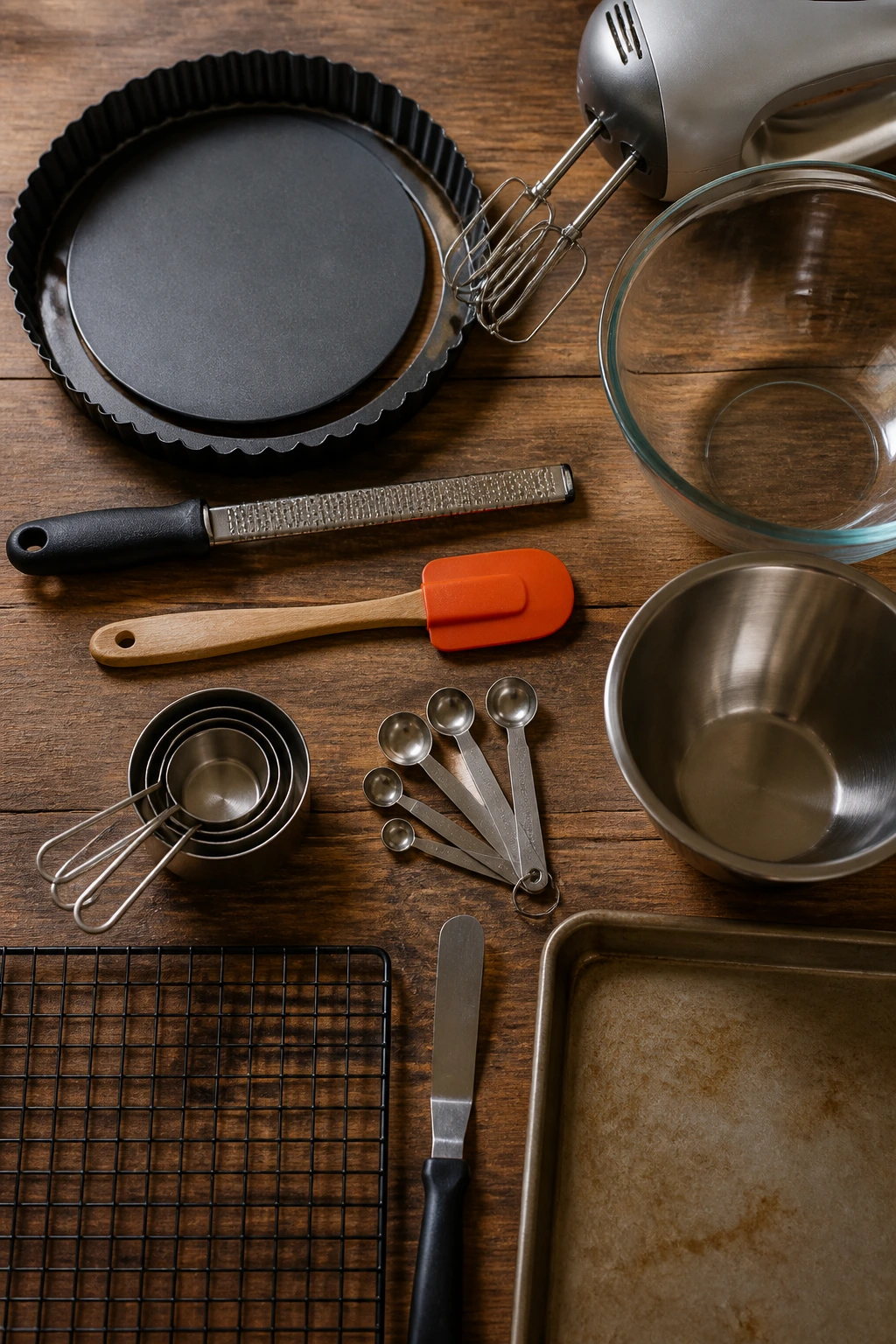 Set of tart-making tools arranged on a counter