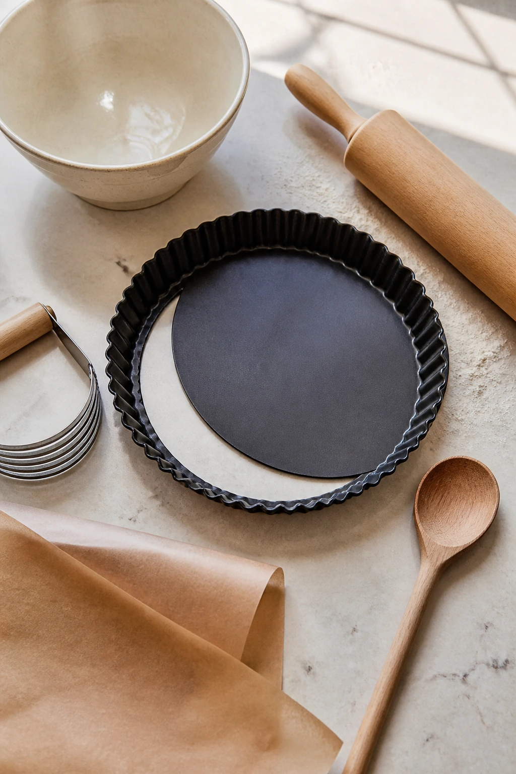 Top-down view of tart-making tools arranged on a clean surface