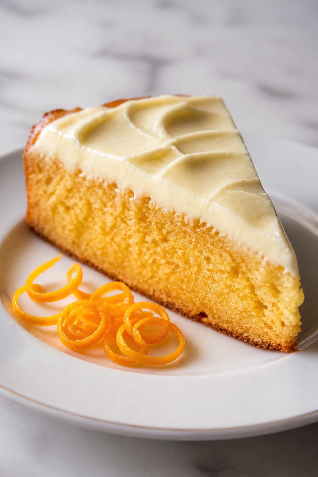 Close-up of an orange tart slice on a white plate with frosting visible and orange zest