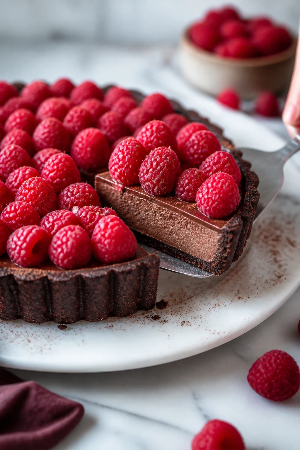 Tart on serving board with dense raspberry cluster in a cozy kitchen