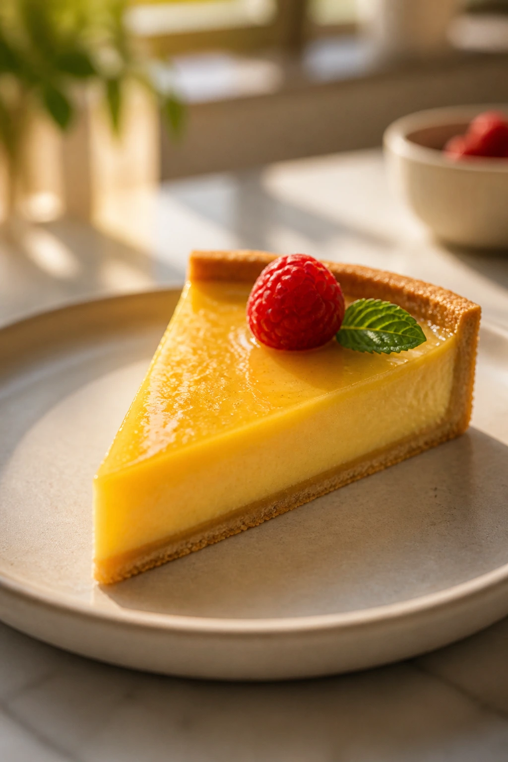 Tart slice with clean edges and light fruit garnish on a plate