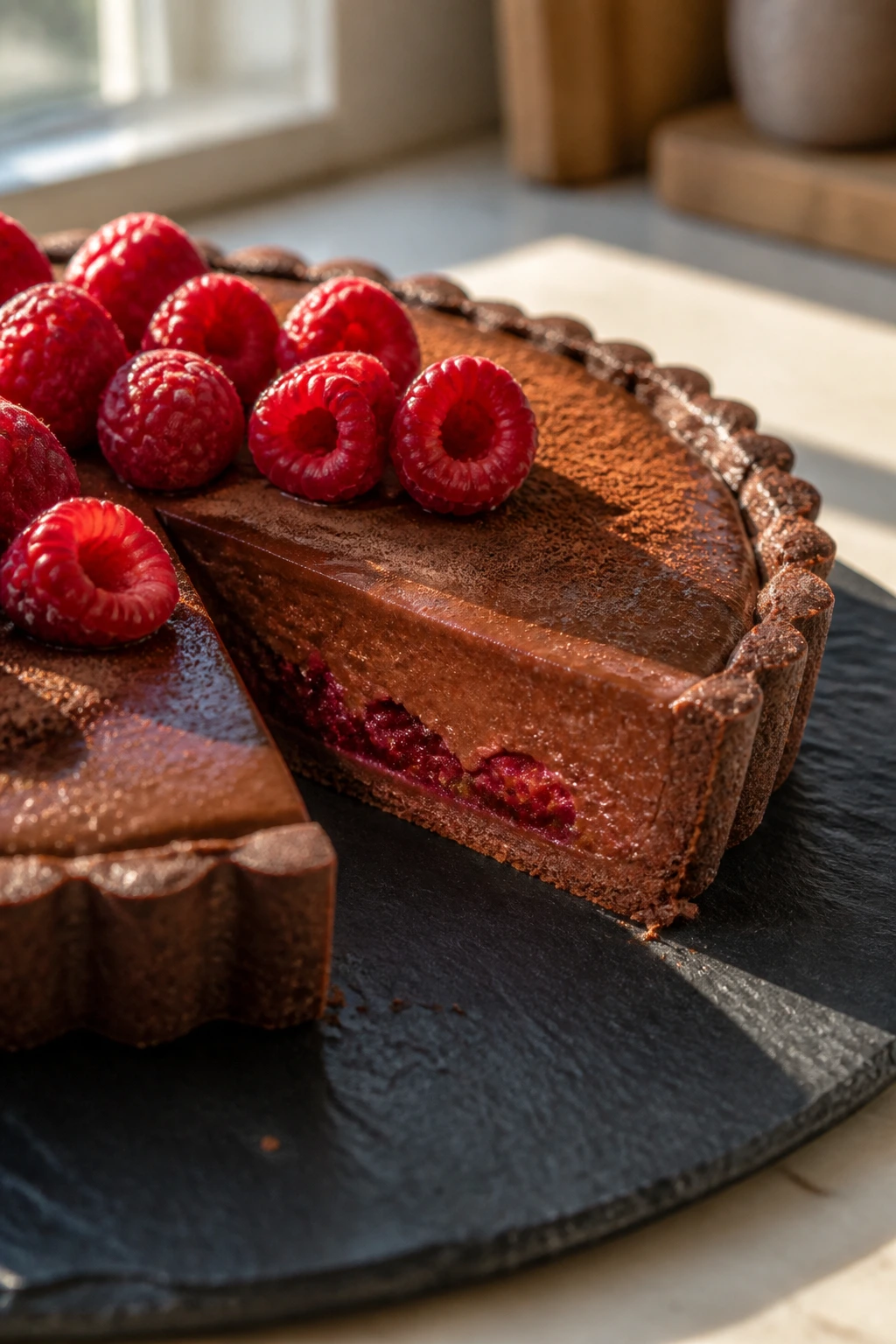 Neatly sliced tart on slate, showing crisp crust and chocolate raspberry layers