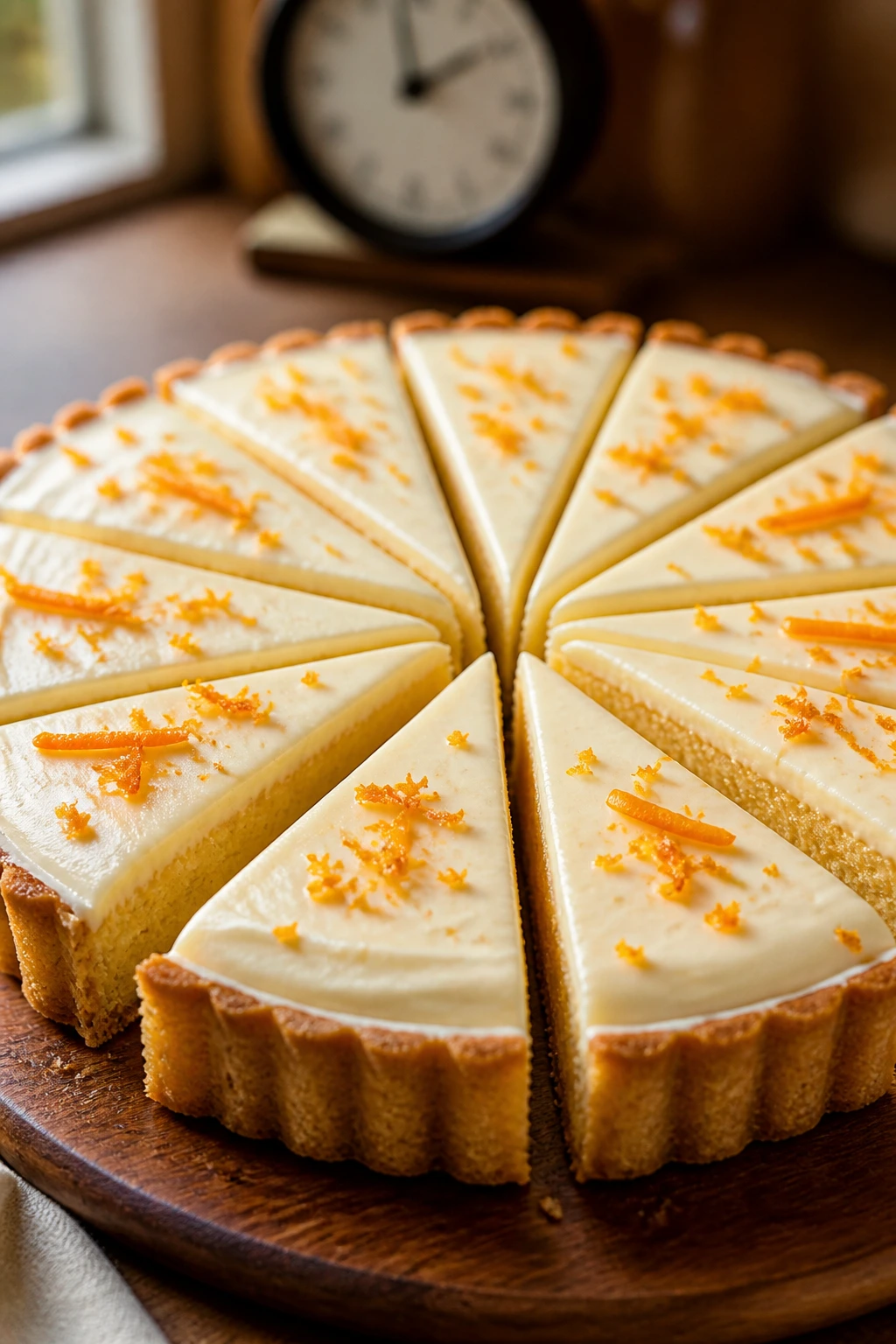 Tart sliced into wedges with a blurred clock in the background