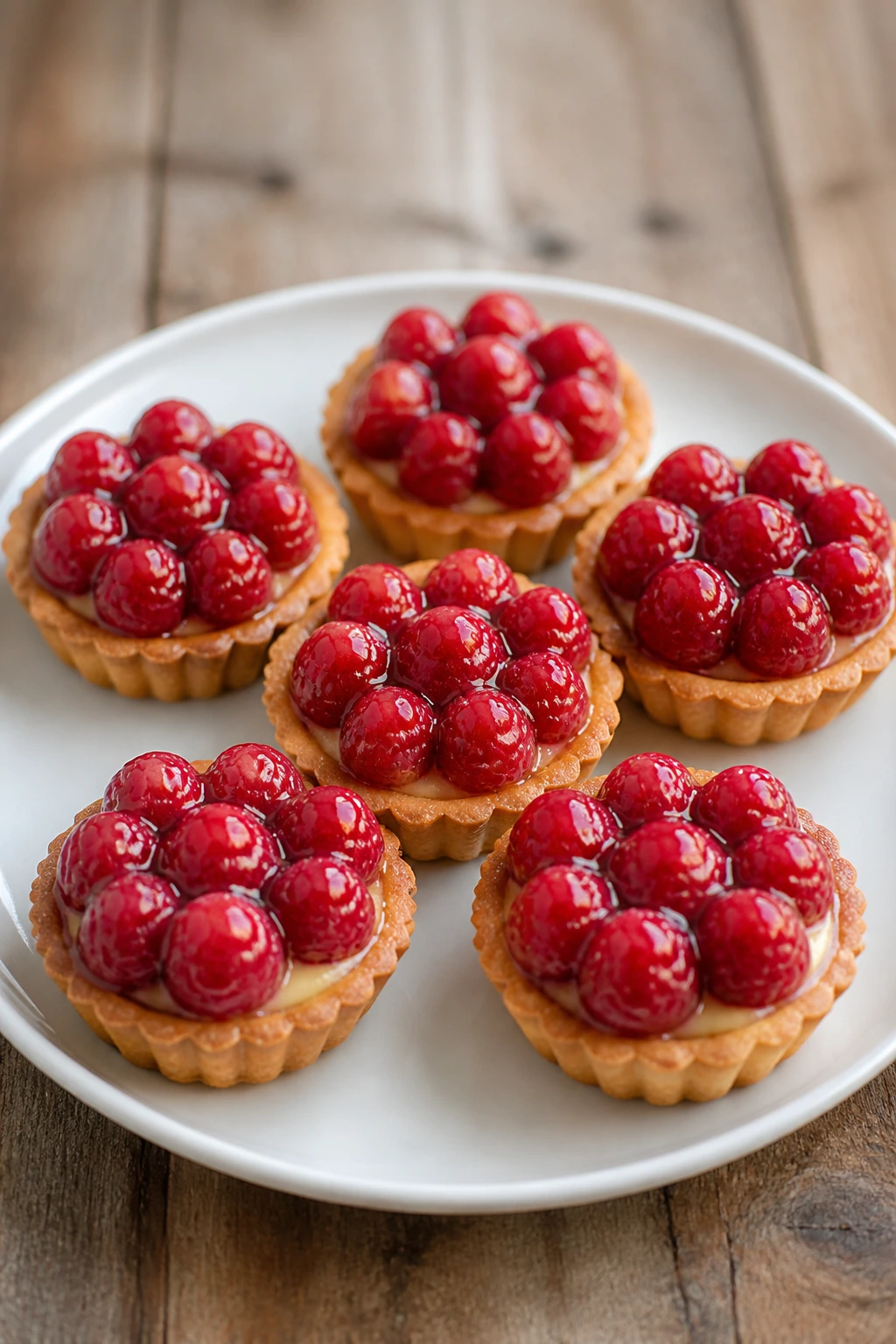 Six raspberry almond tartlets on a plate with raspberries on top