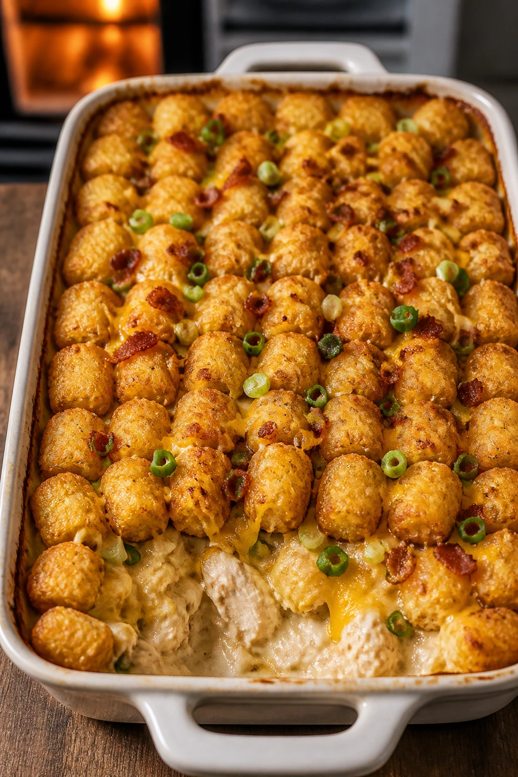 Cheesy tater tot bake with chicken and tots in baking dish