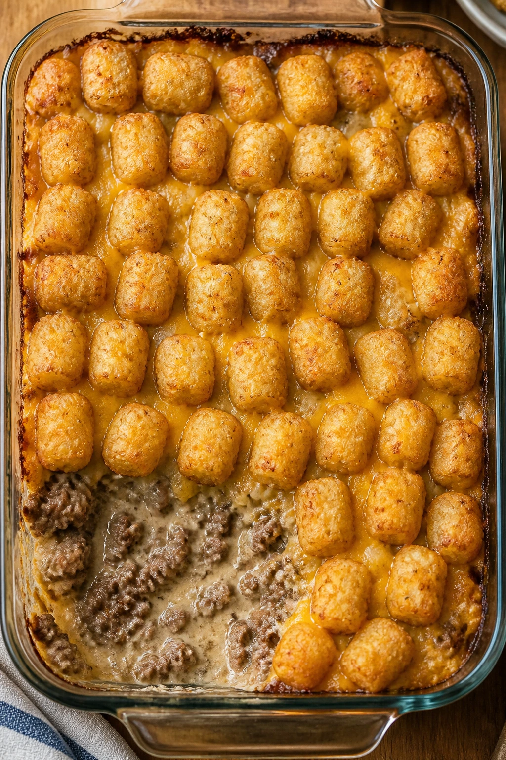 Close-up of tater tot beef casserole with crispy tops in a glass baking dish