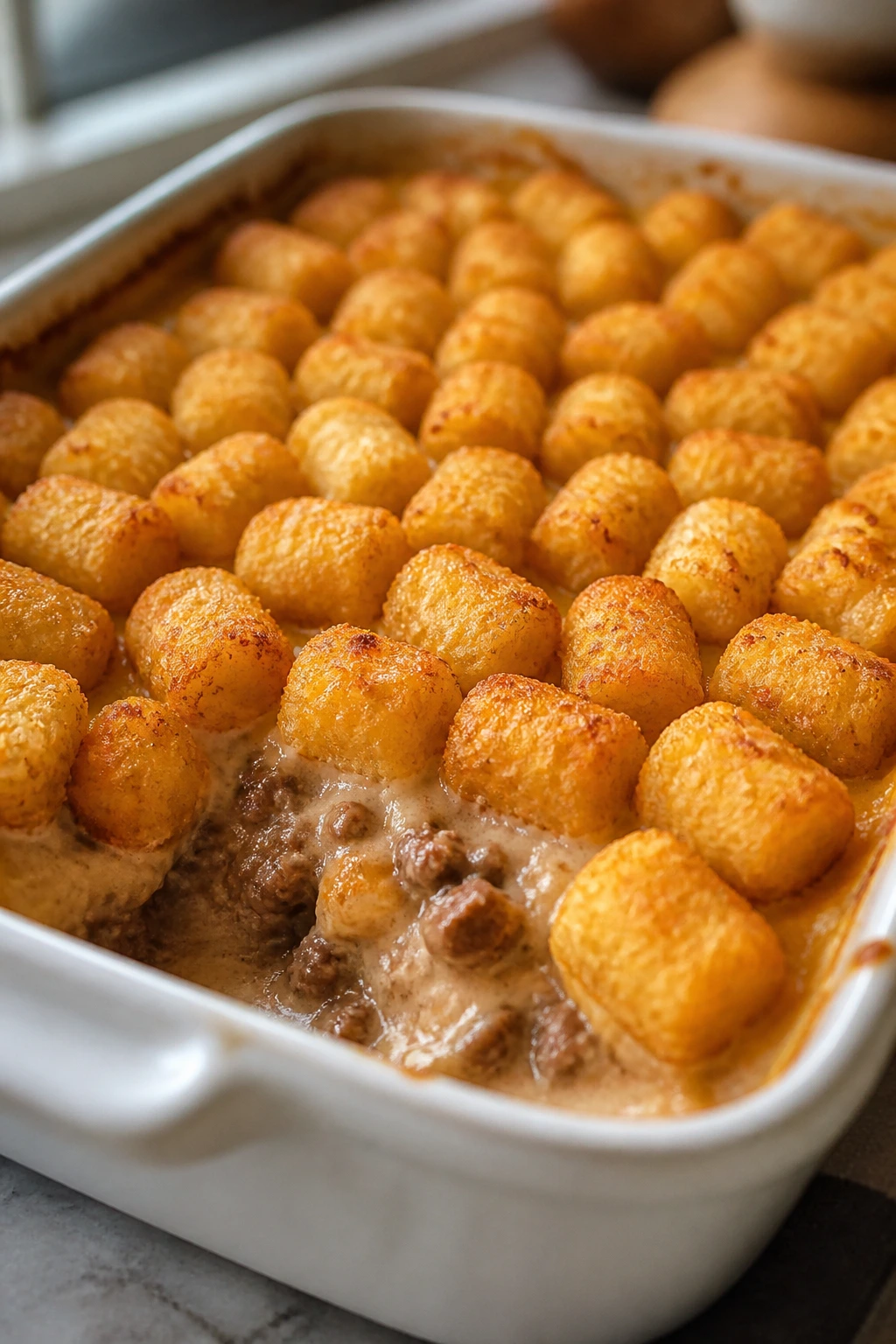 Tater tot casserole bubbling in baking dish