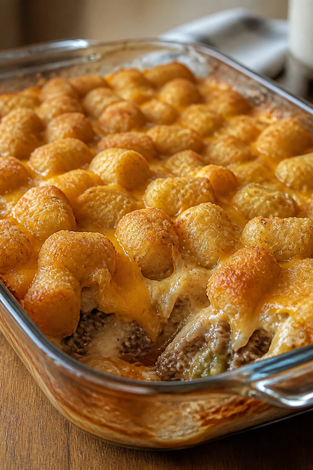 Close-up of crispy-topped tater tot casserole in a baking dish