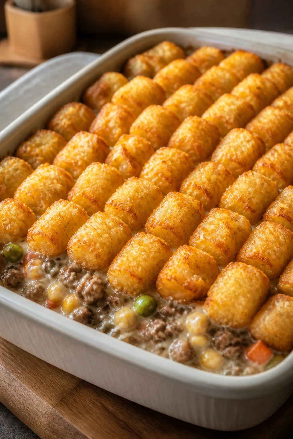 Close-up of tater tot hotdish with crisp topping filling the frame