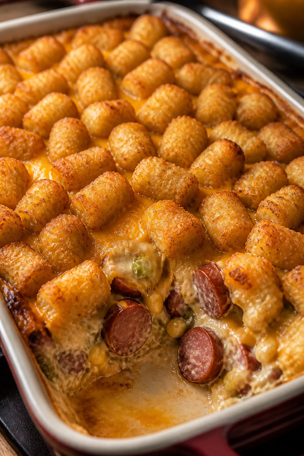 Casserole with crispy tater tots and smoked sausage