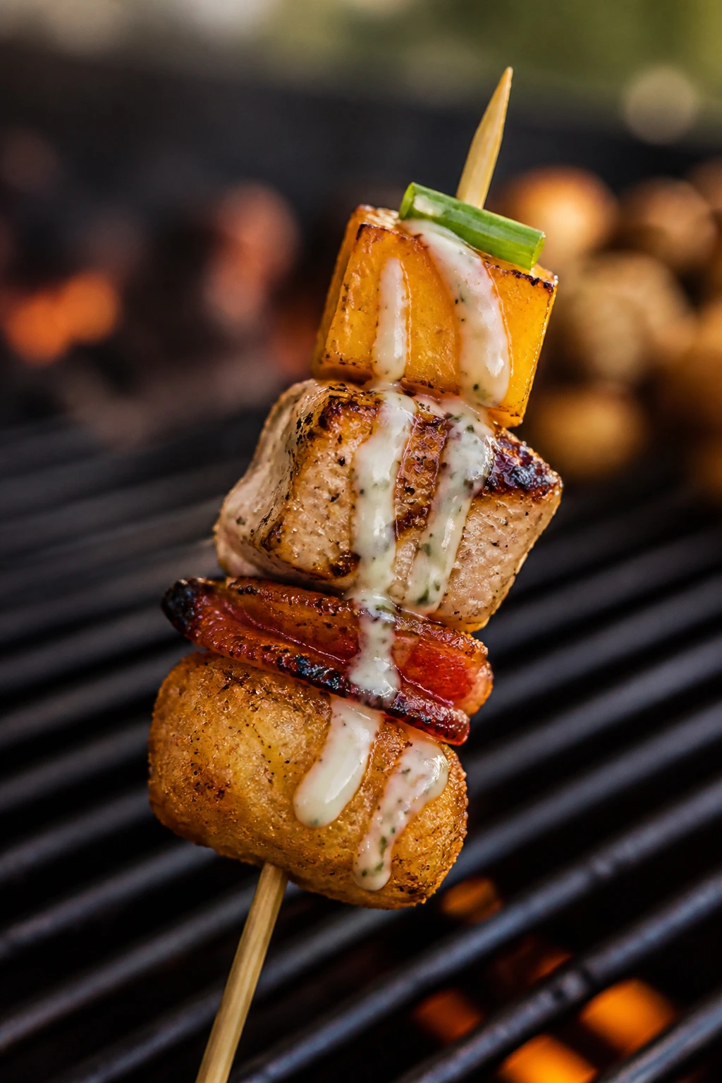 Close-up Bacon Ranch Tater Tot Skewer with bacon, chicken, cheddar