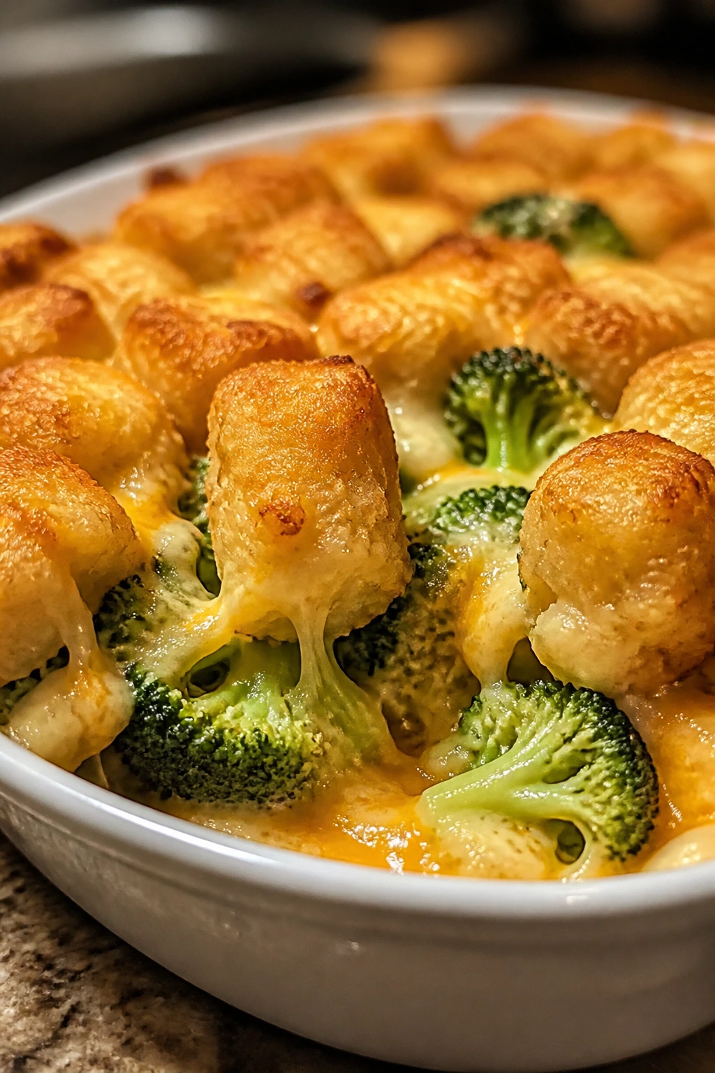 Close-up of cheesy broccoli tater tot bake with browned tots